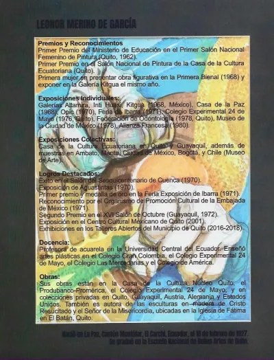 Catalogue page with Leonor Merino de García’s biography: awards, exhibitions, teaching and works