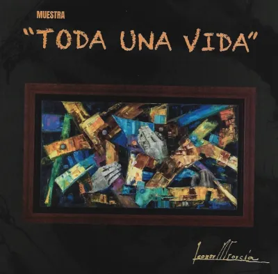 Catalogue page: the “Toda una vida” exhibition, with a painting of hands among coloured crosses