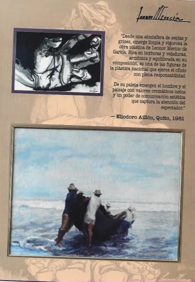 Catalogue page: drawing of a hand and painting of fishermen pushing a boat into the sea, with a quote by Eliodoro Aillón