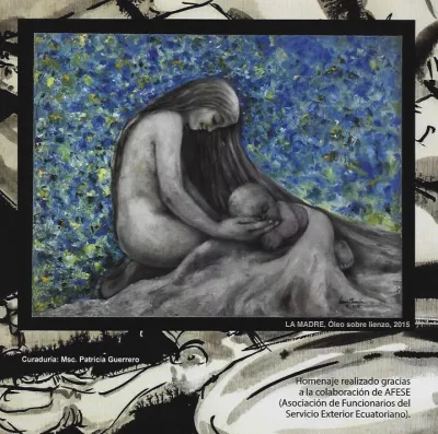 Back cover of the catalogue: “La Madre”, oil on canvas, 2015, a mother embracing her baby